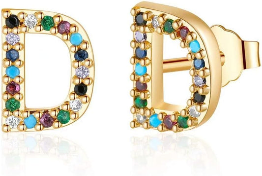 Memorjew Initial Stud Earrings for Women, Hypoallergenic 925 Sterling Silver Post Rainbow Cubic Zirconia Gold Plated 26 Initial Earrings for Women Jewelry Gifts