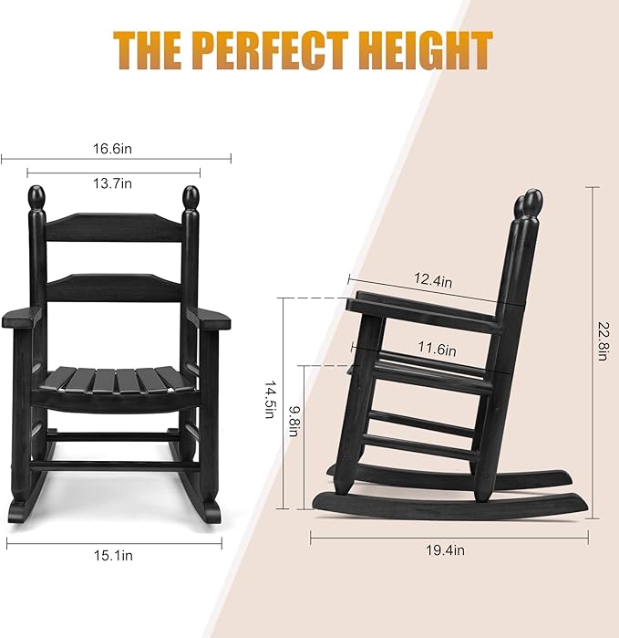 Child's Wood Porch Rocker - Perfect for Indoor or Outdoor All Weather Rocker for Garden, Lawn, Balcony, Backyard and Patio Use - Suitable for 3-7 Years Old (Black)