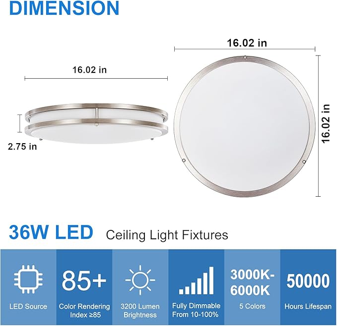 DLLT Flush Mount LED Ceiling Light: 16 Inch 5CCT (3000K-6000K) & Dimmable Ceiling Light Fixtures for Bedroom Hallway - 36W Modern Brushed Nickel Super Bright Kitchen Lighting Fixtures Ceiling