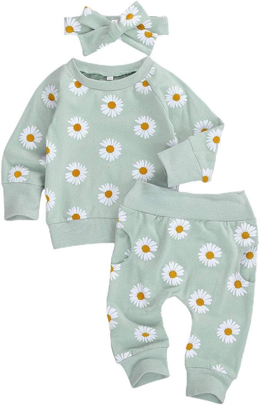 3Pcs Baby Girl Outfits Daisy Sweatshirt + Pants + Headband Infant Fall Winter Clothes