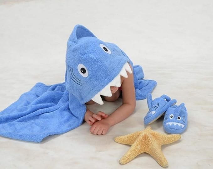 Hooded Baby Towel for Kids 2-8 | Large 100% Cotton Baby Shark Towel for Boys or Girls in Blue | Unisex Cute Shark Bath Towels for Babies and Toddlers