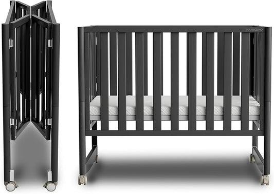 EvoNook 6-in-1 Convertible Mini Crib, 100% New Zealand Solid Wood, 4 Adjustable Mattress Heights, Black with Matttress