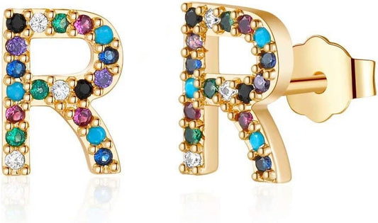 Memorjew Initial Stud Earrings for Women, Hypoallergenic 925 Sterling Silver Post Rainbow Cubic Zirconia Gold Plated 26 Initial Earrings for Women Jewelry Gifts