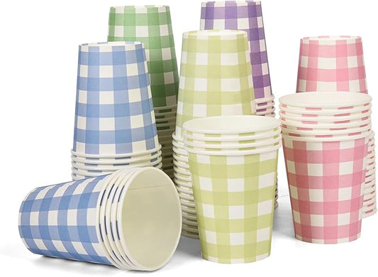 100pcs 9 oz gingham party Paper cups, 5 Colors Disposable Plaid Paper Checkered Cups for Wedding Birthday Party, Travel, Baby Shower Picnic