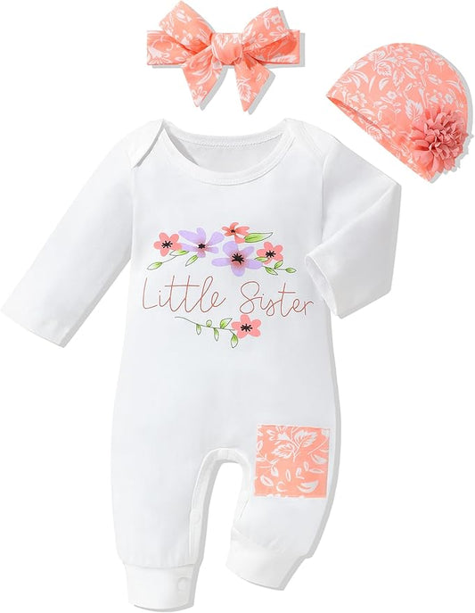 Baby Girl Clothes Patter&Letter Baby Girl Romper with Bow Hat&Headband and Gloves 4Pcs Baby Girl Coming Home Outfit