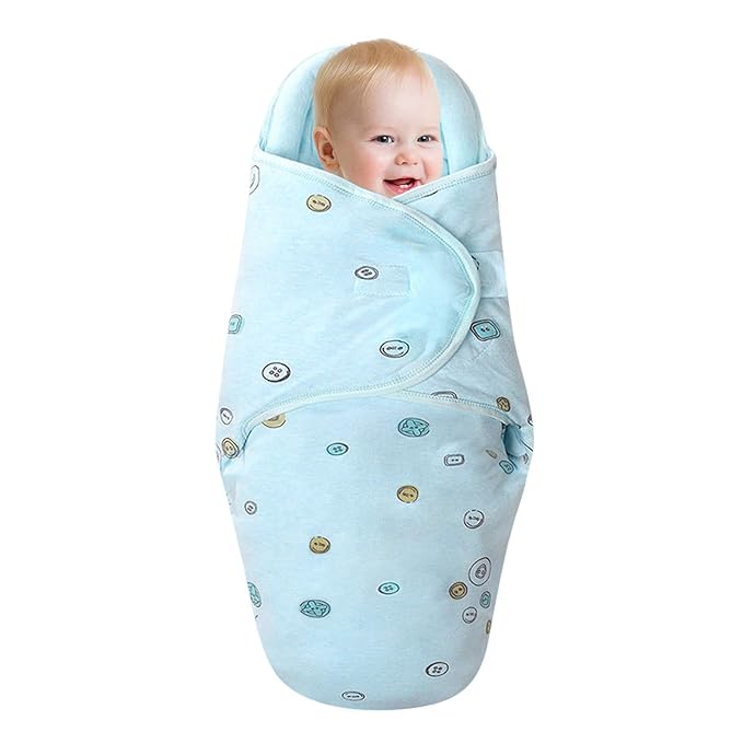Organic Cotton Baby Swaddle Blankets, Unisex Baby Blanket Wrap for Newborn Baby Boys Girls, Skin Friendly Wearable Swaddling Sleep Sack Calms Startle Reflex (Button, Blue, 3-6 Months)