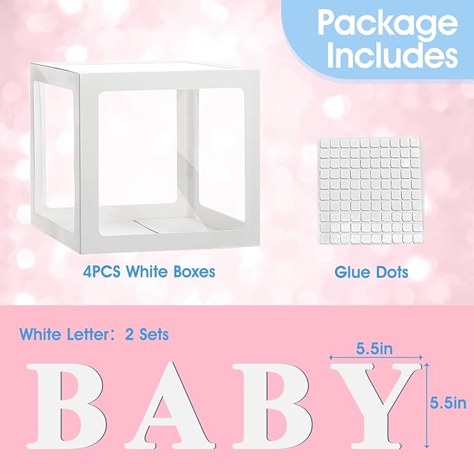 Ledido Baby Boxes with Letters for Baby Shower Decorations, 4 pcs Clear Baby Balloon Boxes Blocks for Baby Shower Decor with Letters for Boy Girl Gender Reveal Decorations Backdrop Party (White)