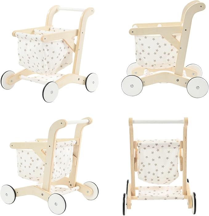 labebe Baby Push Walker Doll Stroller, Push Toy for Toddler, Shopping Cart for Girls and Boys 1 Years Old, Kids Stand Learning Walker, Wooden Play Wagon with Wheel, Larger Size 15.2 * 18.7 * 19.7