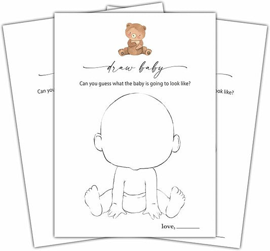 Draw Baby Games Set, Minimalism Baby Shower Party Game Card, Boho Bear Themed Gender Neutral Party Ideas Activities, Baby Shower Party Supplies & Decorations -A06