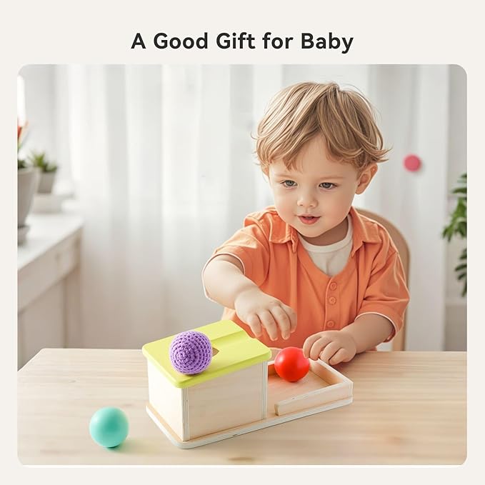 IEATFO Object Permanence Box with Tray Three Colored Balls (2 Wood+1 Knit) - Montessori Wooden Ball Drop Toy with Slide and Bear Shape - Fine Motor Skills Development Toy Age 1-3