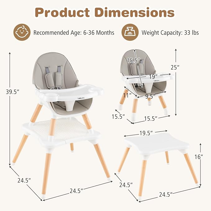 BABY JOY 6 in 1 High Chair, Convertible High Chairs for Babies and Toddlers/Booster Seat/Table and Chair Set, Infant Wooden Highchair w/ 5-Point Harness, 4-Position Removable Tray & PU Cushion (Gray)