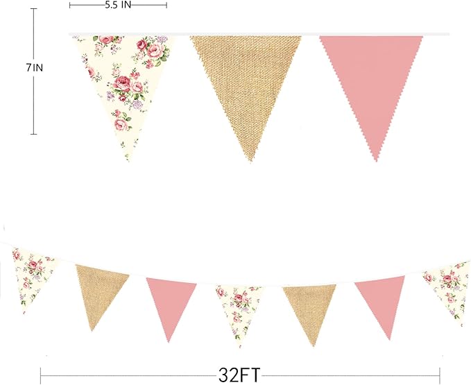 32Ft Flora Party Decorations Blush Rose Pink Burlap Flora Triangle Flag Fabric Banner Pennant Garland Streamer for Chic Tea Party Vintage Birthday Wedding Baby Shower Engagement Rustic Garden Decor
