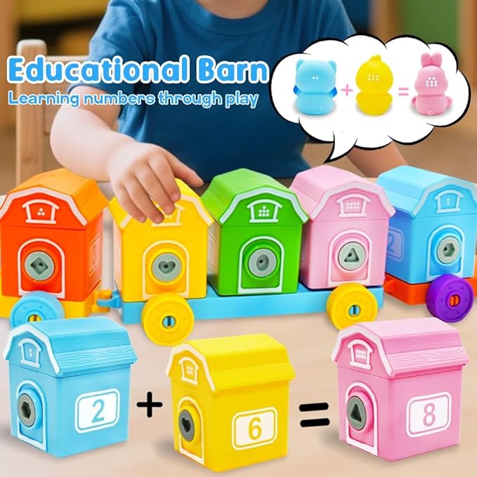 Farm Train Toys for Toddlers 1 2 3 Years Old, Learning Montessori Toys with 10 Farm Animals Finger Puppets 1 Farmer, Counting Matching Sorting Barns with Keys, Educational Toy Gift for Boys Girls