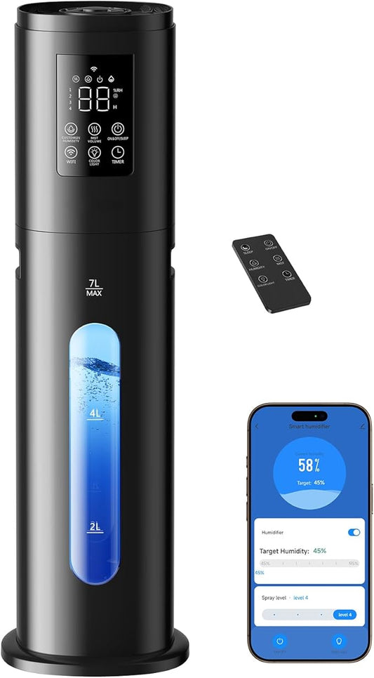 Smart Humidifiers for Bedroom Large Room, 7L/1.85Gal Quiet Humidifiers with 350ML/H Large Mist Speed,Smart App & Remote Control, 4 Mist Levels,Easy Top Fill, Cool Mist Humidifier for Home & Office
