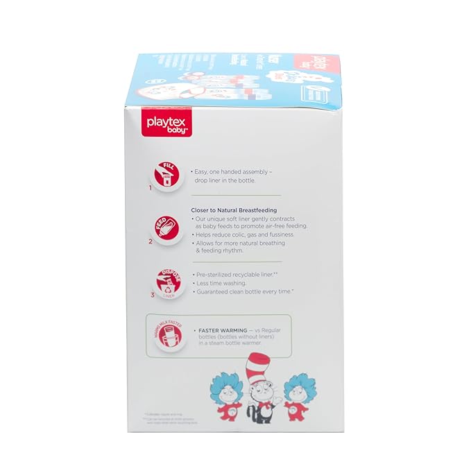 Playtex Baby Dr. Seuss Newborn Gift Set with 5 Nurser Bottles (3X 4Oz, 2X 8Oz), 2 Binky Pacifiers, 60 Drop-Ins Liners & Bib, Bottles for Newborn and Breastfeeding Babies, Feeding Essentials