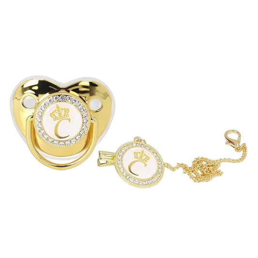 Golden Letter Baby Pacifier, Personalized Bling Pacifier with Pacifier Clips and Anti-Dust Cover for Baby Shower Newborn Birthday Photography ()