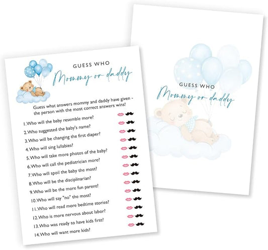 Guess Who Mommy or Daddy Baby Shower Game, 25 Double-Sided Blue Bear Games for Boys, Interactive Baby Boy Party Supplies, Baby Boy Celebrations - B02