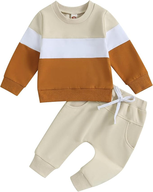Kupretty Toddler Baby Boy Fall Winter Clothes Color Block Long Sleeve Sweatshirt Pullover Tops + Joggers Pants Outfit Set