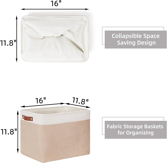 HNZIGE Fabric Storage Baskets for Organizing [2 Pack] Large Canvas Rectangular Storage Bins for shelves 16" X 11.8" X 11.8" Clothes Baskets Collapsible Bins for Closet Linen Organizers (Beige&White)