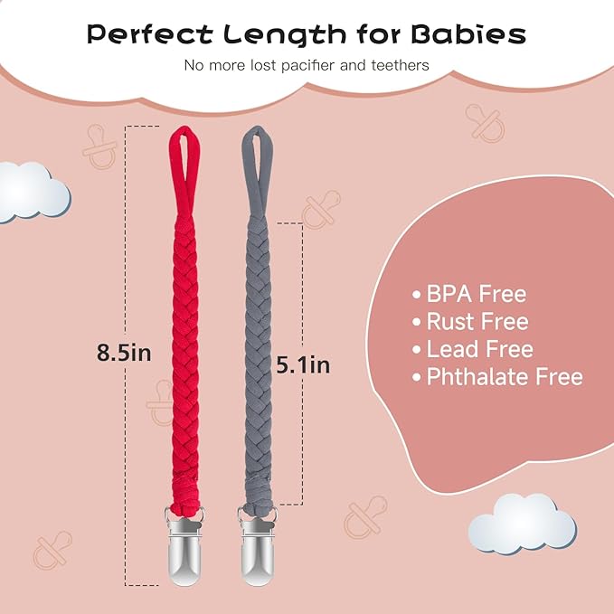 Pacifier Clip for Boys and Girls 6 Pack Baby Pacifier Holder Leash 100% Handmade Braided Fits All Pacifiers & Teething Toys Modern Unisex Baby Gift, Red Passion