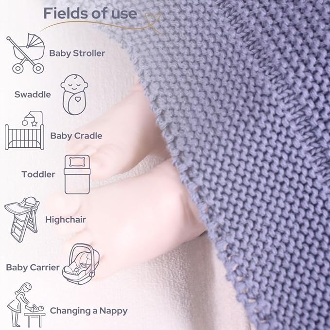 100% Organic Cotton GOTS Certified Baby Knitted Blanket with Gift Box - Soft Toddler, Crib, Stroller Blanket - Neutral Swaddle and Receiving Blanket for Newborns, 30"x40", Grey Blue