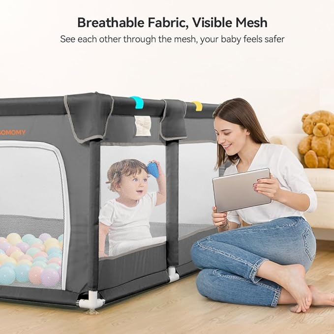 COMOMY Playpens for Babies and Toddlers, Small Baby Play Pens, Activity Center for Baby Safe and Non-Slip Baby Fence, Full Mesh Design, Indoor & Outdoor Kids Activity Center (Dark Grey, 50"x50")