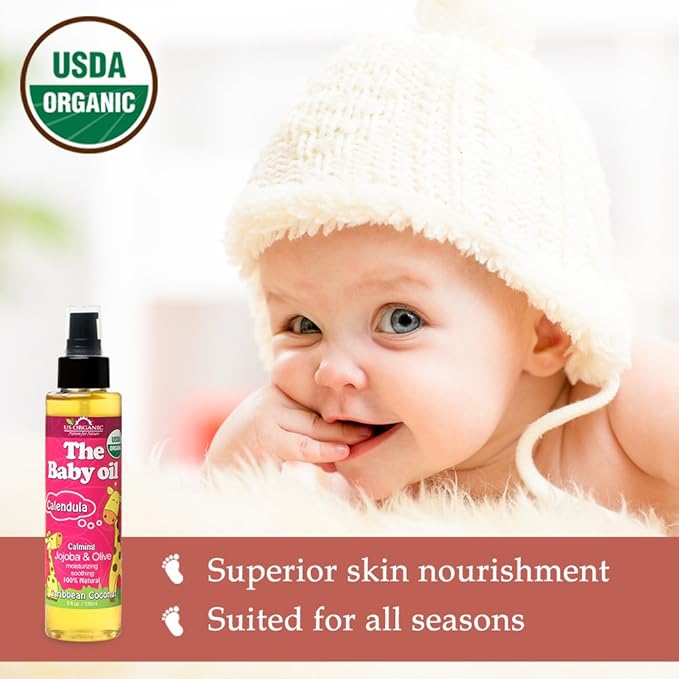 US Organic Baby Oil with Calendula, Smooth Caribbean Coconut, Certified Organic by USDA, Jojoba & Olive Oil with Vitamin E, No Alcohol, Paraben, Artificial Detergents, Color, Synthetic Perfume, 135ml