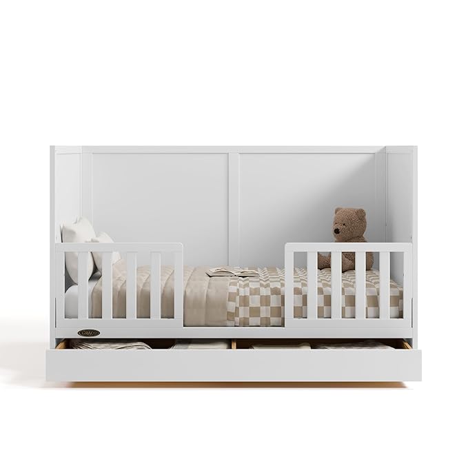 Graco Theo Convertible Crib with Storage Drawer (White) – GREENGUARD Gold Certified with Drawer, Converts to Toddler Bed, Fits Standard Crib Mattress