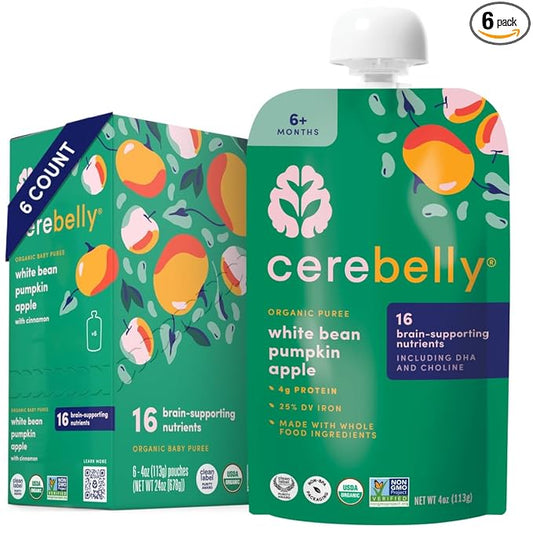 Cerebelly Organic Baby Food Pouches – Organic Veggie Purees for Toddlers | No Added Sugar, Fiber, Non-GMO | Blended Toddler Pouches | 4 Ounce BPA-Free Pouch | White Bean Pumpkin Apple | 6 Count
