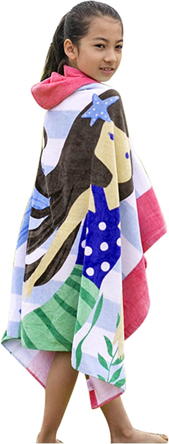 BANGSAUR Kids Towels with Hood, Oversize Bath Pool Swiming Towel Wrap Toddlers Girls Baby 3-12 Years Cotton Changing Robe Star Mermaid