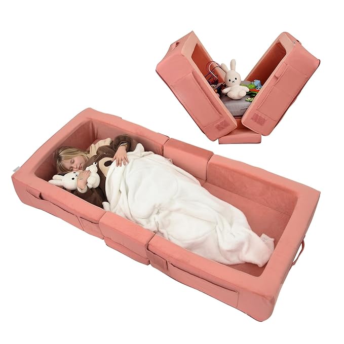 ENITYA Toddler Travel Bed, Folding Floor Cot for Travel, Portable Kids Bed for Sleeping, Washable Toddler Cot for Children 18M – 4yr Old, Pink