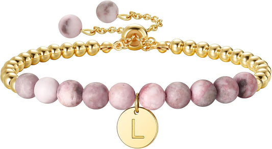 Ritach Initial Bracelets for Girls - Pink Zebra Natural Stone Bracelet Real Gold Plated Beaded Bracelets Adjustable Disc Initial Bracelets for Girls Kids Teen Girl Gifts