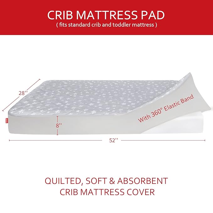 Crib Mattress Protector Waterproof, Quilted Crib Mattress Pad Cover 52" x 28" Extra Soft Breathable Toddler Bed Cover Stretch Up to 8", Grey Star