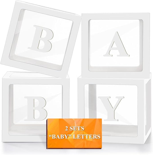 Ledido Baby Boxes with Letters for Baby Shower Decorations, 4 pcs Clear Baby Balloon Boxes Blocks for Baby Shower Decor with Letters for Boy Girl Gender Reveal Decorations Backdrop Party (White)