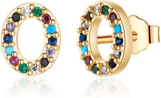 Memorjew Initial Stud Earrings for Women, Hypoallergenic 925 Sterling Silver Post Rainbow Cubic Zirconia Gold Plated 26 Initial Earrings for Women Jewelry Gifts