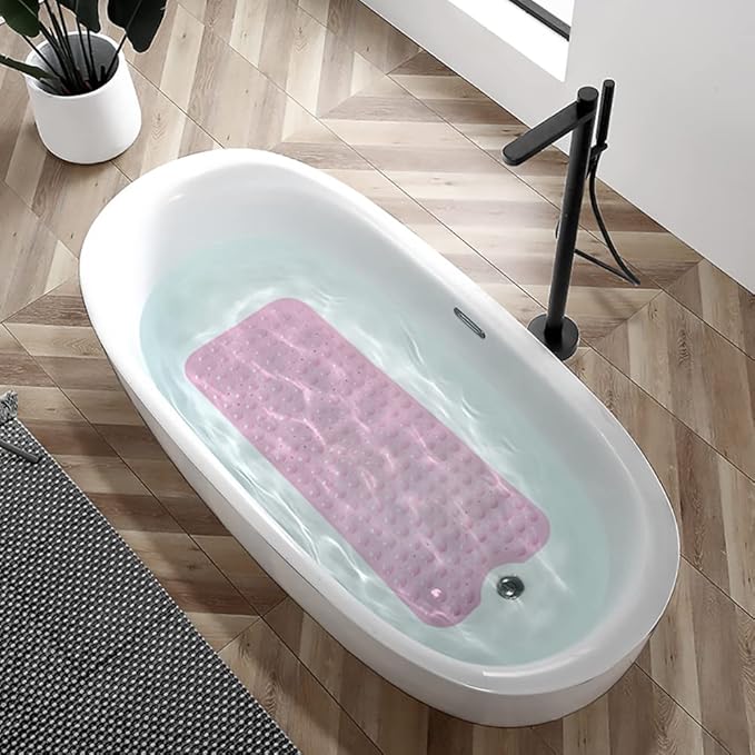 Linoows Bathtub and Shower Mats, Extra Long Non-Slip Bath Tub Mat 39 x 16 Inch, Machine Washable Bathmat with Suction Cups & Drain Holes for Bathroom Floor, Pink