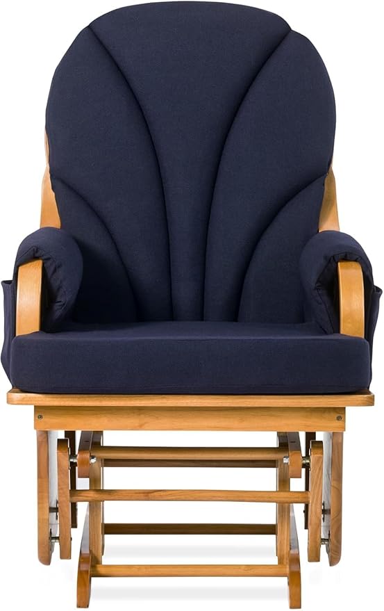Foundations Lullaby Wood Base Glider Rocker - Baby Feeding and Rocking Chair for Daycare Environment - Nursery Chairs with Padded Foam Arm Rests - (Natural/Blue)