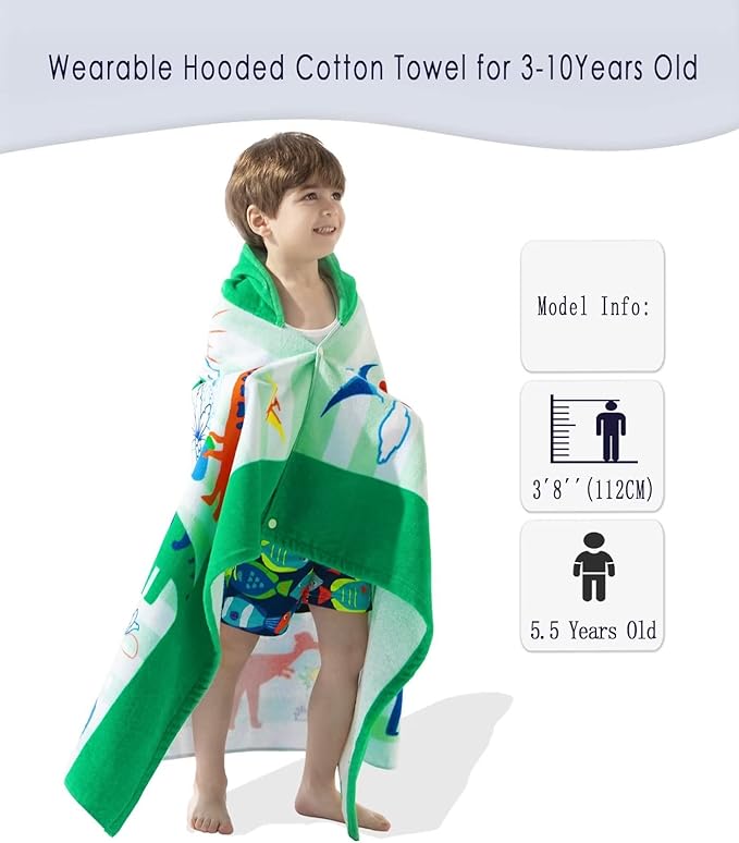 VOOVA & MOVAS Toddler Towels Age 3-10, 30''X50'',100% Cotton | Thick | Absorbent, Beach | Pool | Bath | Bathroom | Swim Towel | Wearable Wrap for Boys, Dinosaur | Dino