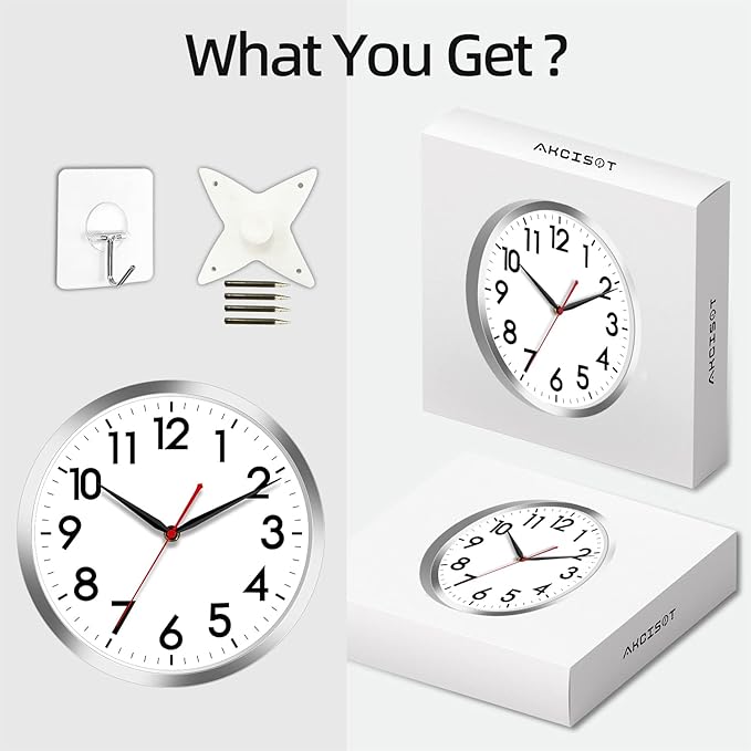 AKCISOT Wall Clock 10 Inch Silent Wall Clocks Battery Operated Non Ticking - Modern Silver Clock Decorative for Kitchen, Bathroom, Bedroom, Living Room, Office, Home(Silver)