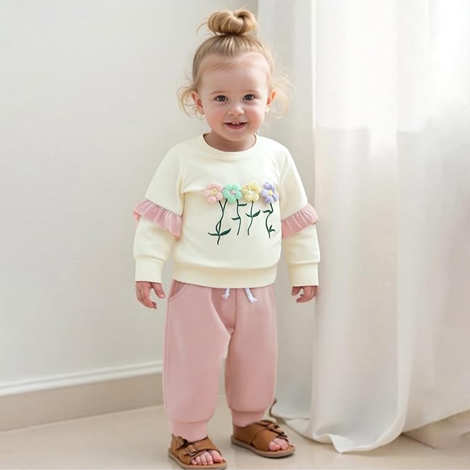 Madjtlqy Toddler Baby Girl Fall Winter Outfit Clothes Flowers Crochet Embroidery Long Sleeve Sweatshirt Tops and Pants Set