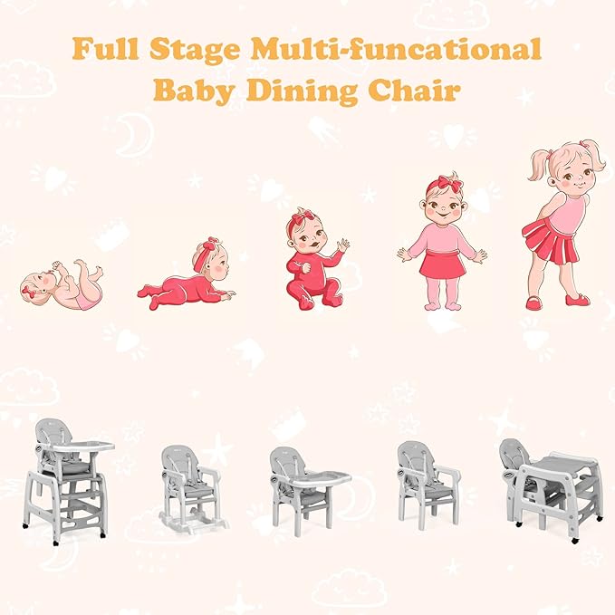 INFANS 5 in 1 Baby High Chair, Convertible Toddler Table Chair Set, Multi-Function Rocking Seat with Lockable Universal Wheels, Adjustable Seat Back, Removable Trays