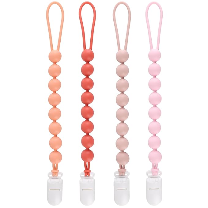 4-Pack Silicone Pacifier Clips for Baby Boys and Girls - with One-Piece Beads, Flexible and Rust-Free Holders for Teething Relief and Baby Essentials - Safe for Newborns (Pink)