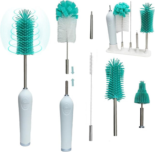 Electric Baby Bottle Brush With Holder, Stainless Steel Automatic Cleaner With Extension Handle, Sponge, Silicone Water Cleaner, Nipple and Straw Brush - Green