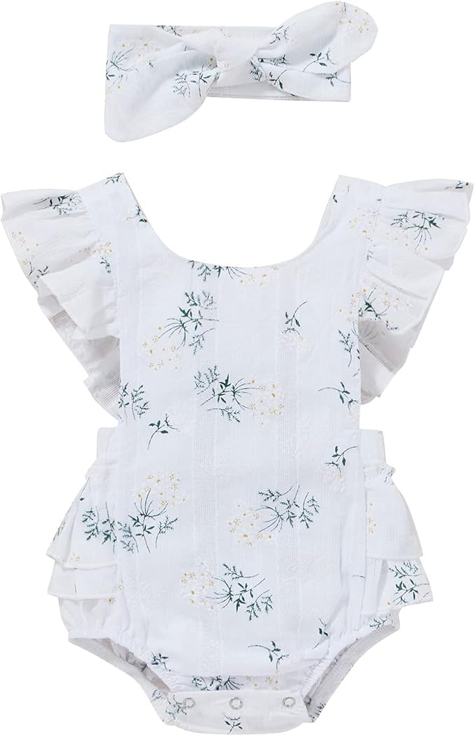 Baby Girls Floral Cotton Leotard Romper Newborn Daisy Playsuits Ruffled Sleeve Onesie Infant Jumpsuit Clothes Headband