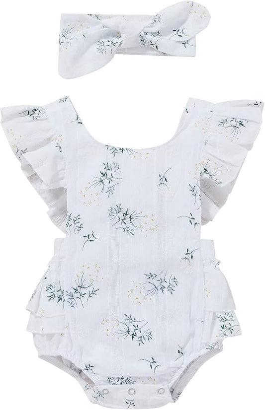 Baby Girls Floral Cotton Leotard Romper Newborn Daisy Playsuits Ruffled Sleeve Onesie Infant Jumpsuit Clothes Headband