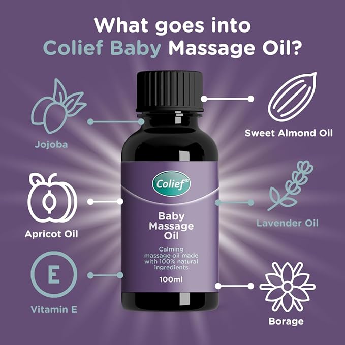 Colief Baby Massage Oil | Soothing Oil For Infants | Made With 100% Natural Ingredients Including Sweet Almond Oil, Lavender Oil, Jojoba & Vitamin E | Suitable For Babies 3+ Months | 3.38 Fl. Oz