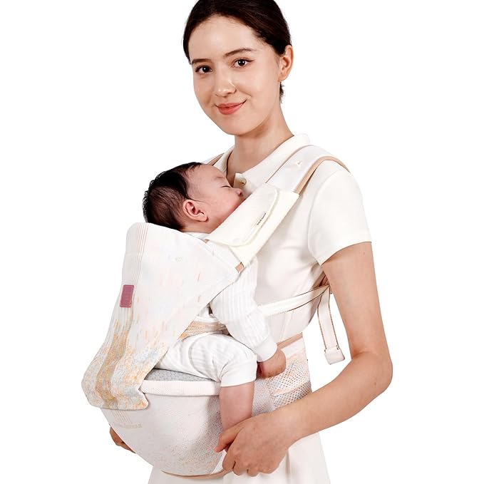 Bebamour Baby Carrier with Hip Seat,All-Position Breathable Mesh Hip Seat & Carrier 0-36Months with Head Hood, 3 PCS Teething Pads, Waist Extender,Storage Bag & Pacifier Case (White)