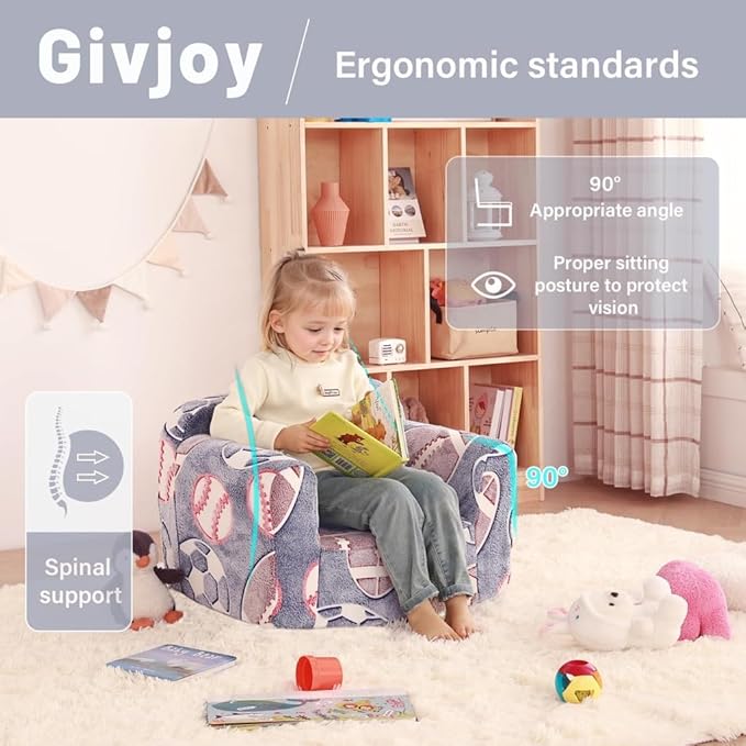 Toddler Chair Plush Kids Couch, Comfy Kids Sofa Toddler Lounger Chair for Bedroom, Convertible Toddler Couch for Girls and Boys, Reading Chair for Kids