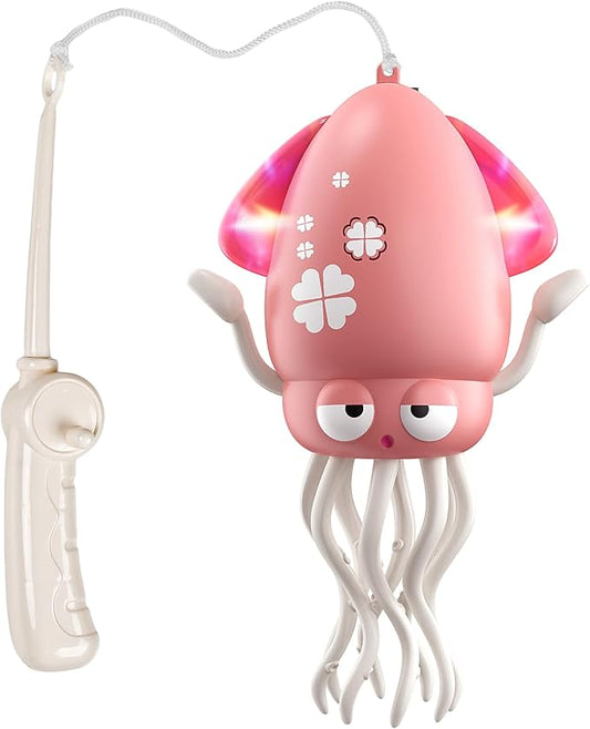 Interactive Dancing Octopus Toy, LED Light-Up Music Crawling Squid with Smart Obstacle Avoidance & Fishing Rod,Tummy Time Baby Toy, Musical Toy for 3 4 5 6 Year Old Boys and Girls(Red)
