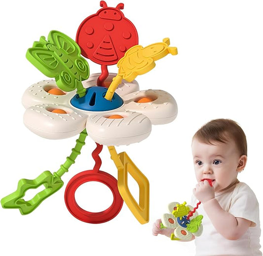 Baby Sensory Chew Toy for 6-12-18 Months, Soft Silicone Popper Pull String Travel Toys for Car Seat, Early Develop Fine Motor Skills & Vision, Learning Gift for Newborn Infant Toddler Boys Girls